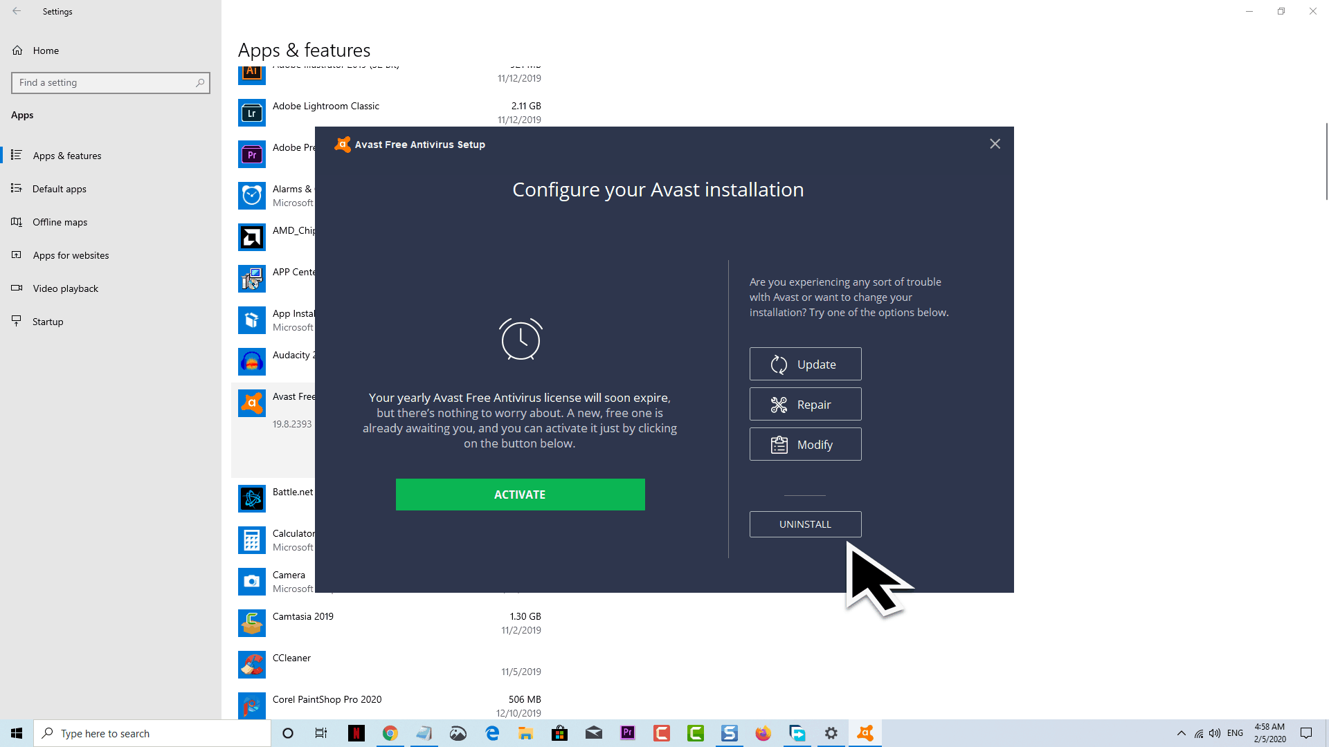 delete Avast from Windows 10