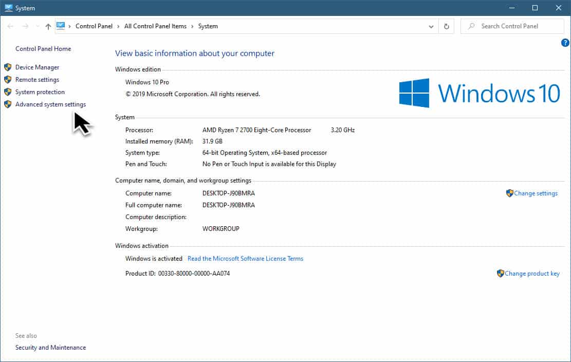 Windows 10 Advanced system settings