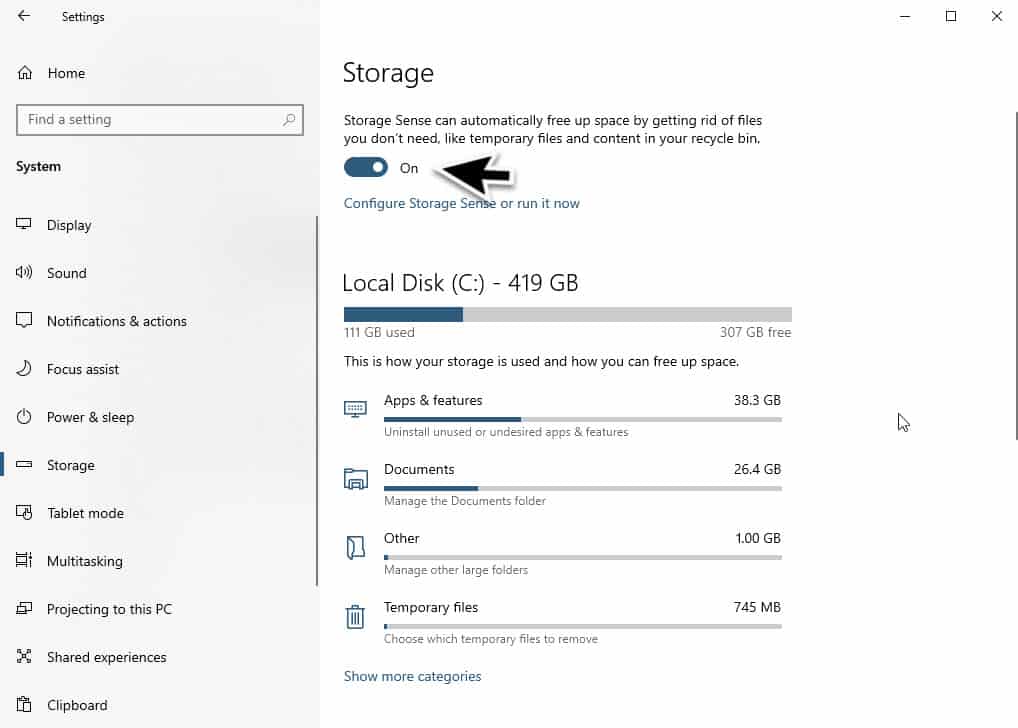 turn on storage sense