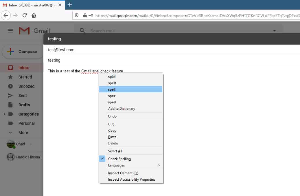 Check spelling option