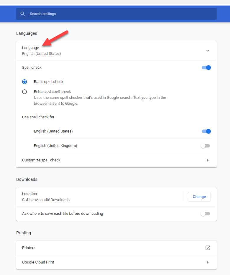 google chrome language setting