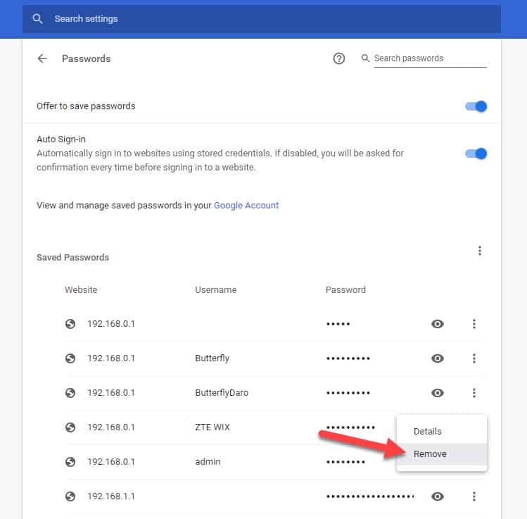 google chrome remove password
