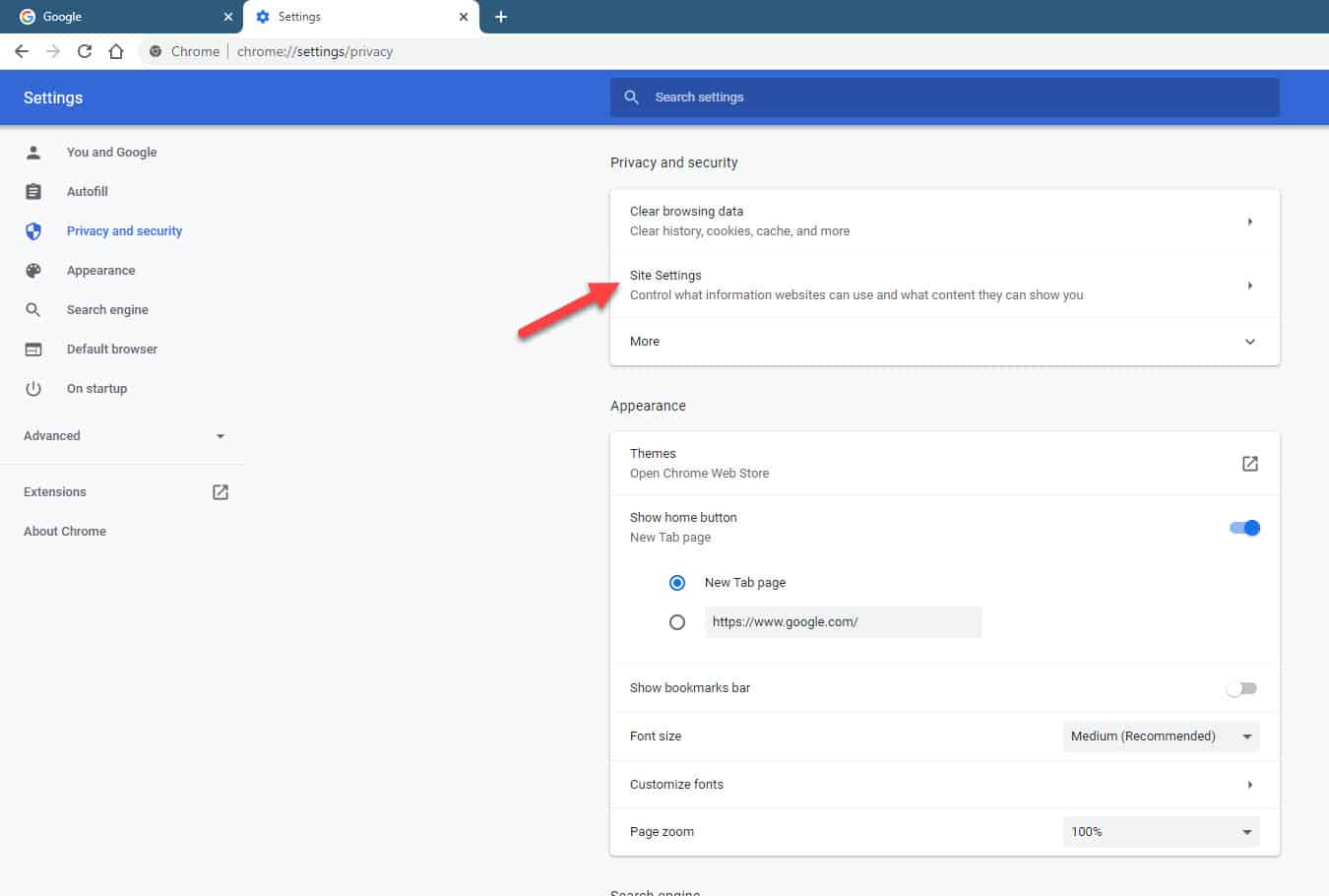 google chrome site settings