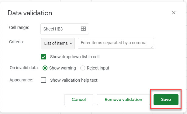 google sheets data validation save