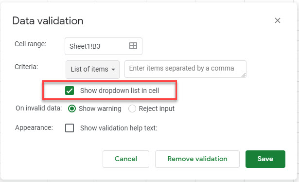 google sheets show dropdown list