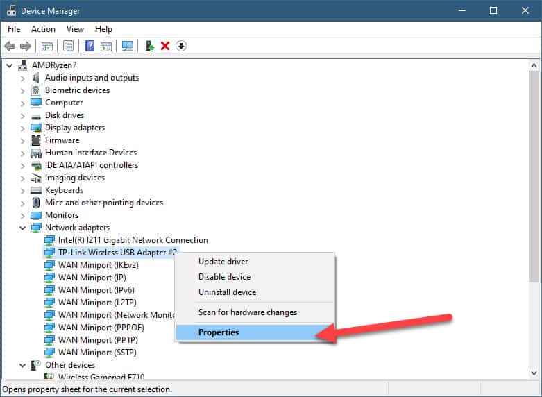 network adapter properties