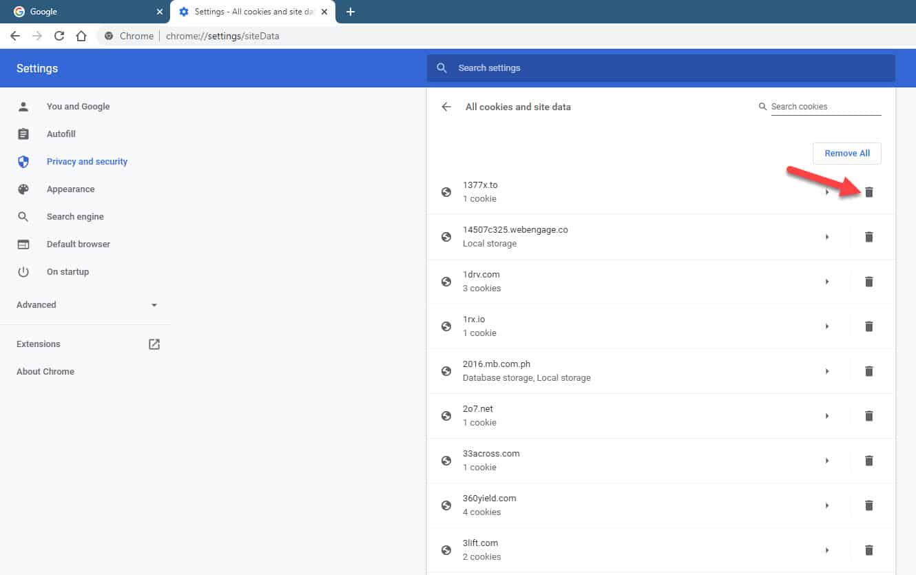 remove cookies on specific site of google chrome