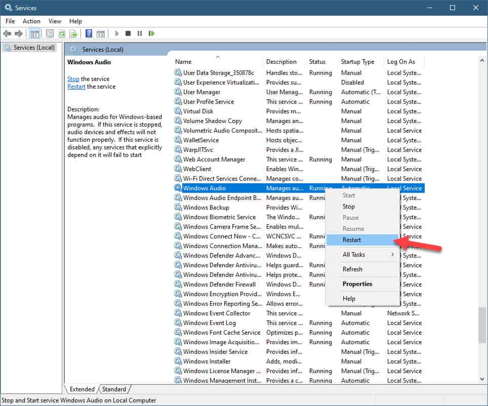 restart windows audio service