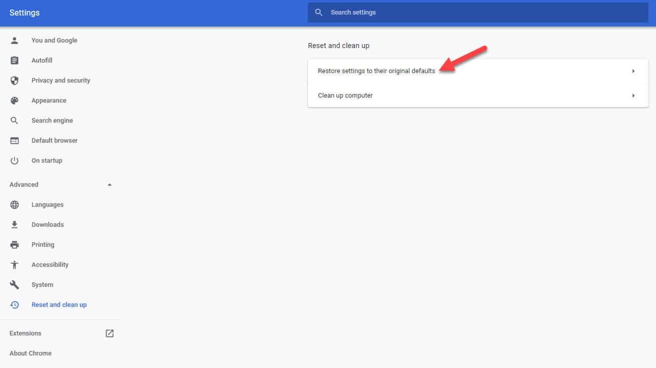 restore default settings chromebook