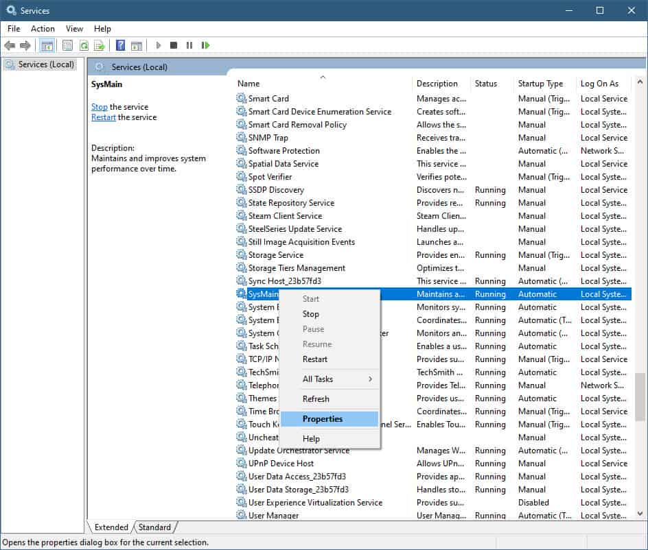 sysmain properties