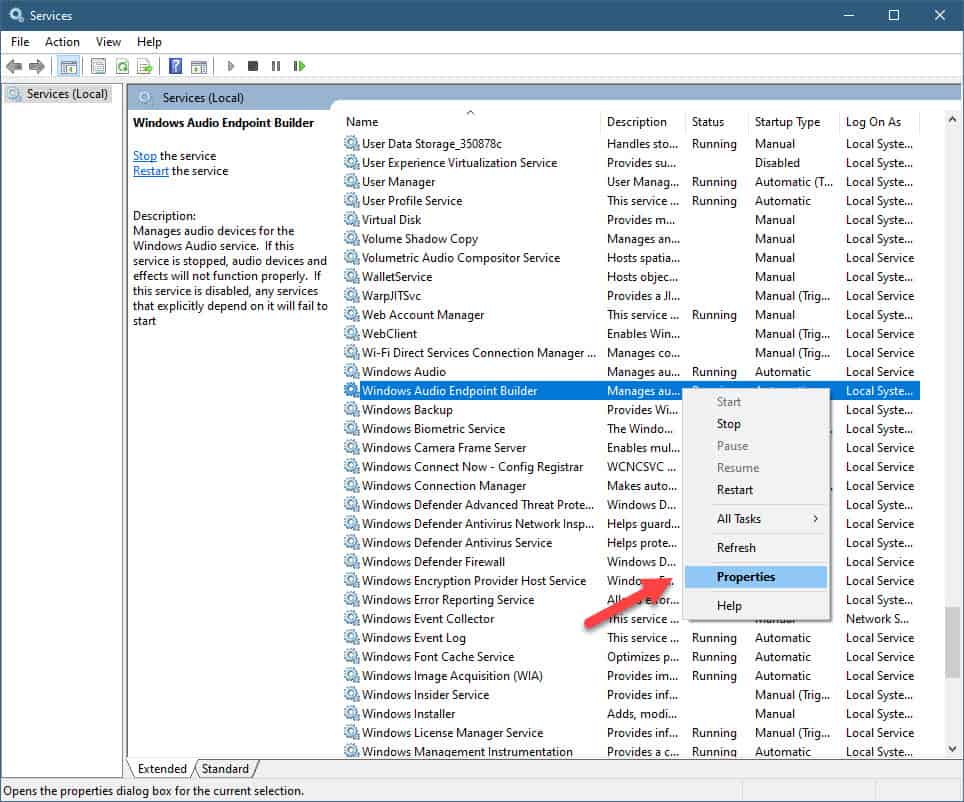 windows audio endpoint builder properties