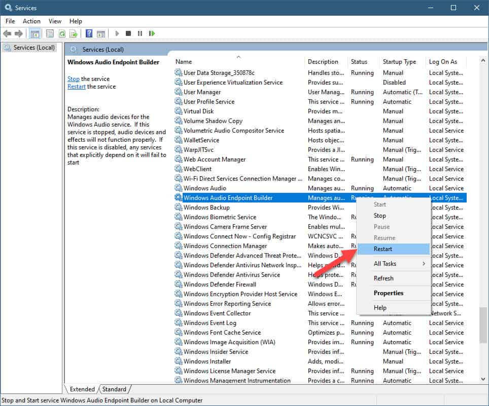 windows audio endpoint builder restart