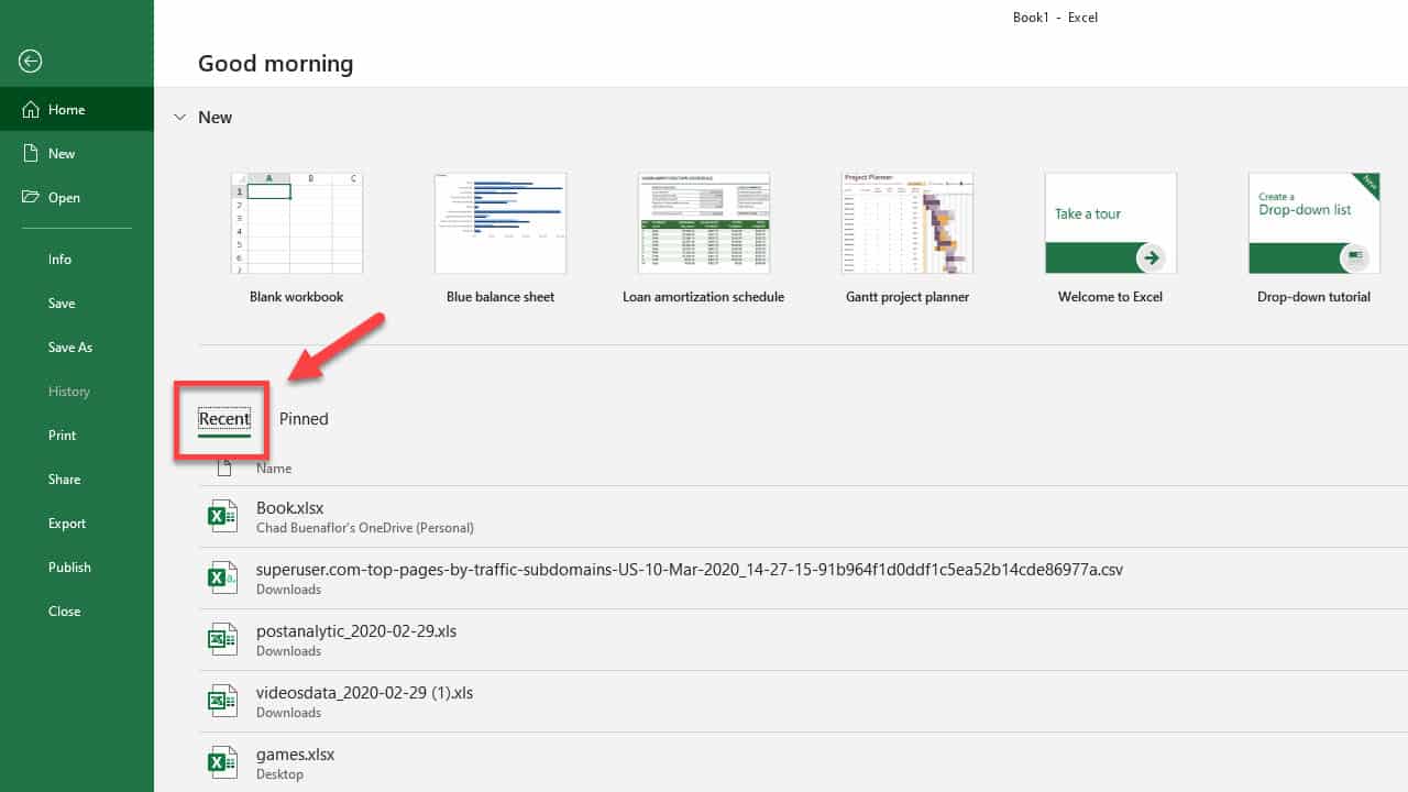 Excel Recent tab