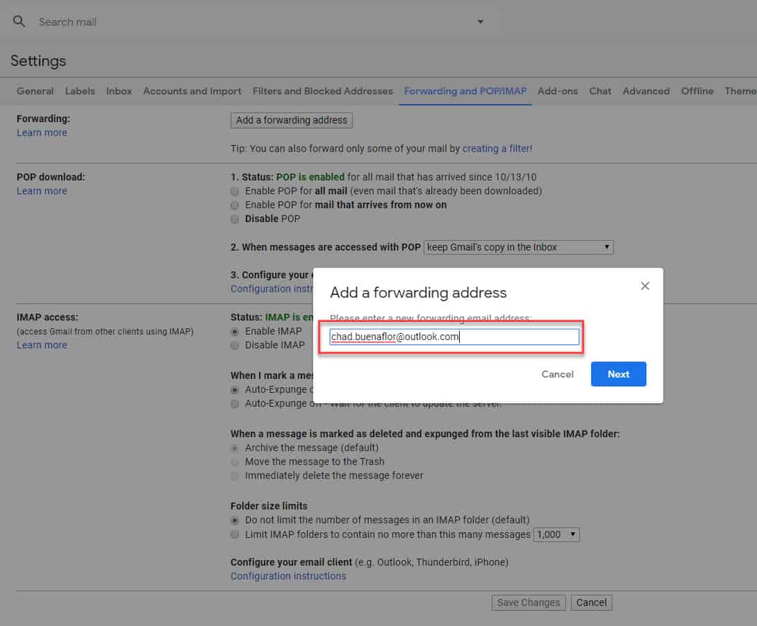 Gmail add a forwarding address