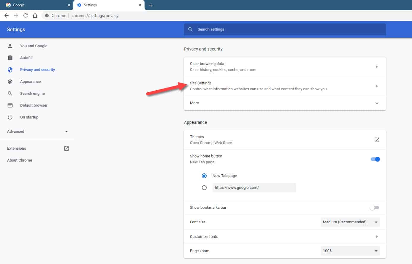 Google Chrome Site Settings