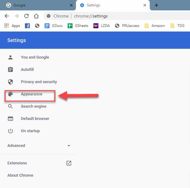 Google Chrome appearance