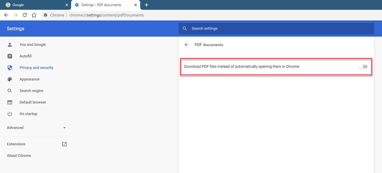 Google Chrome turn off PDF downloads