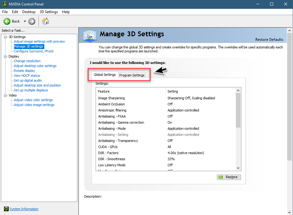 nvidia control panel settings