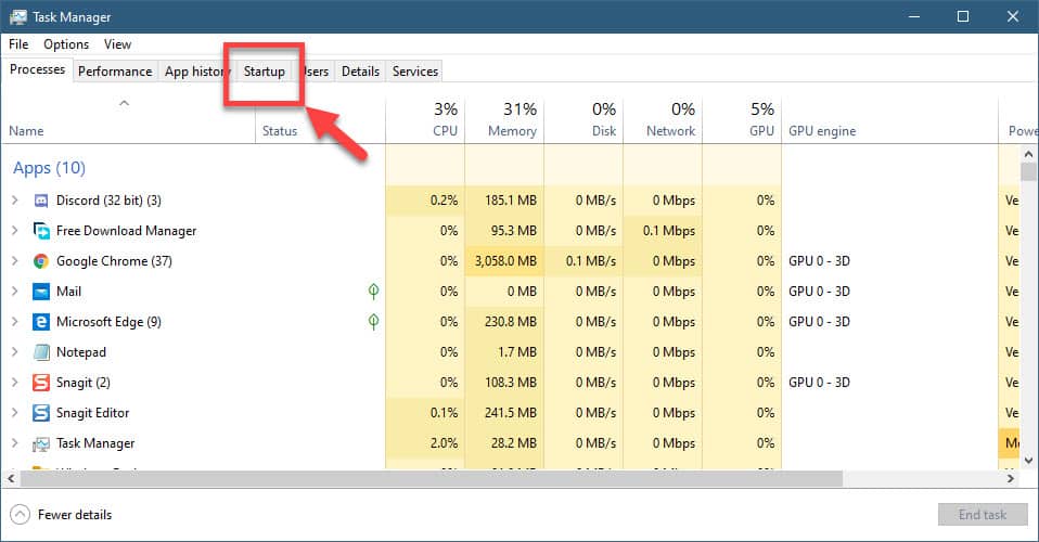Task Manager Startup tab