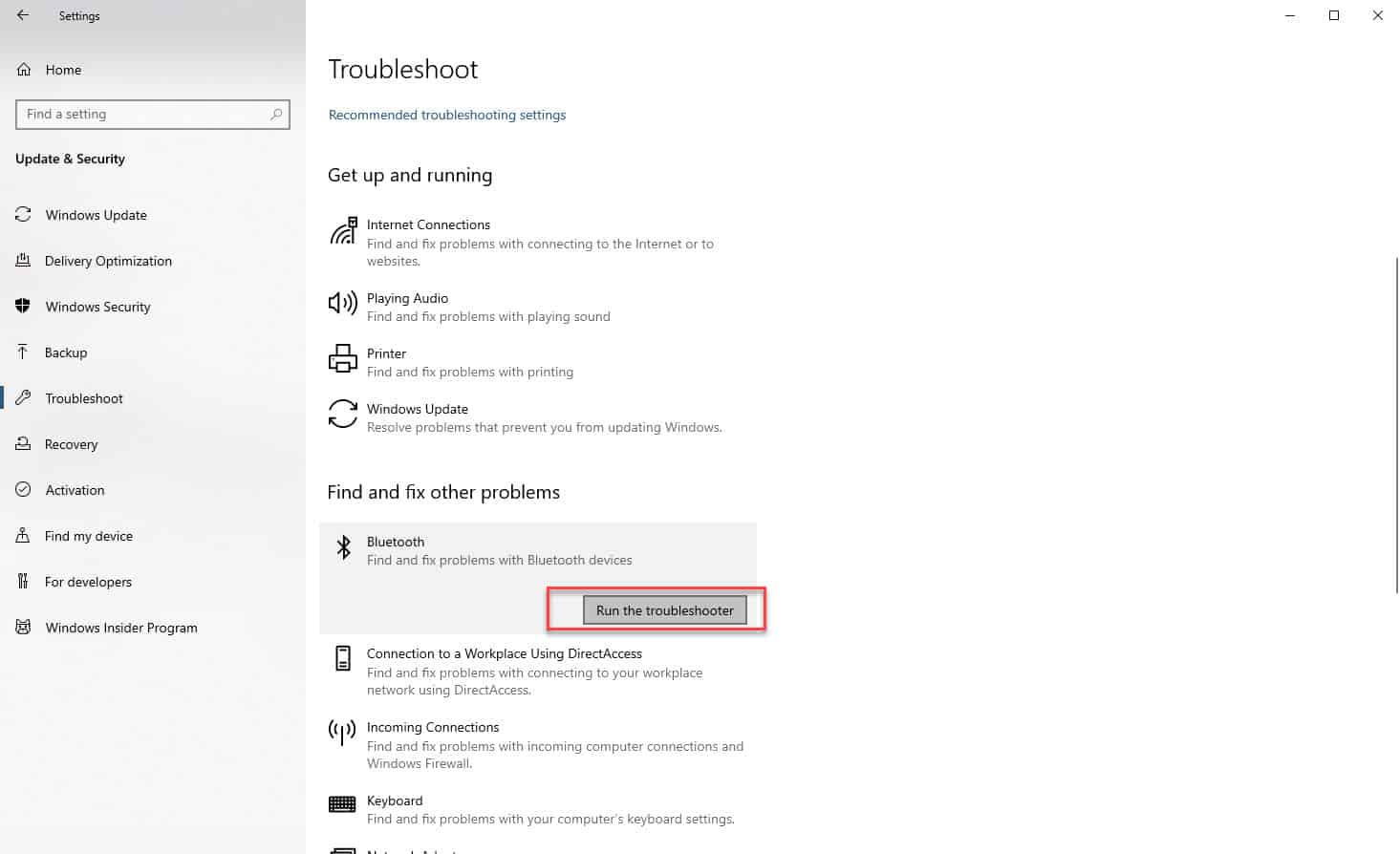 Windows 10 run the troubleshooter