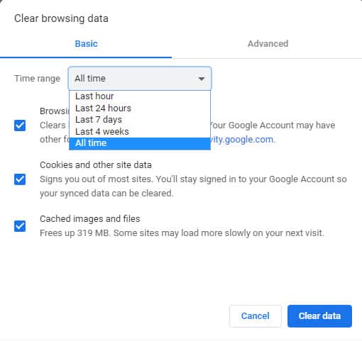chrome clear browsing data