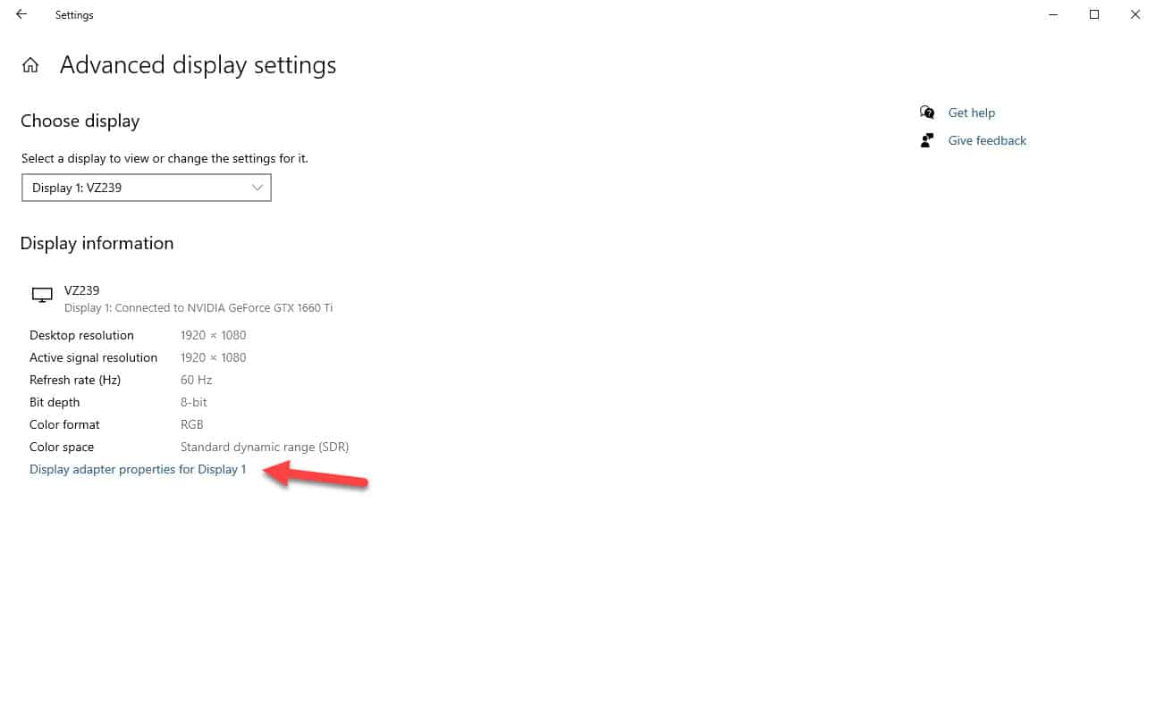 display adapter properties for display 1