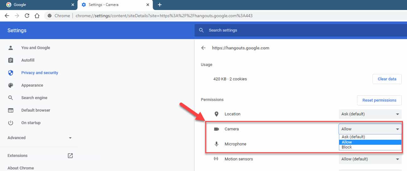 Chrome allow camera