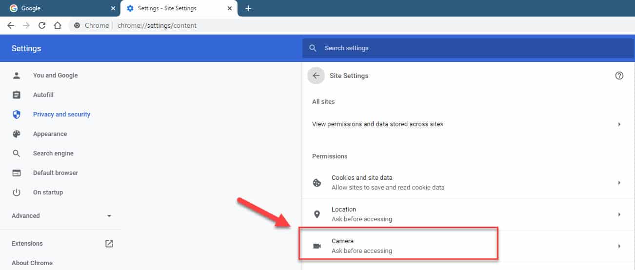 Chrome camera permission