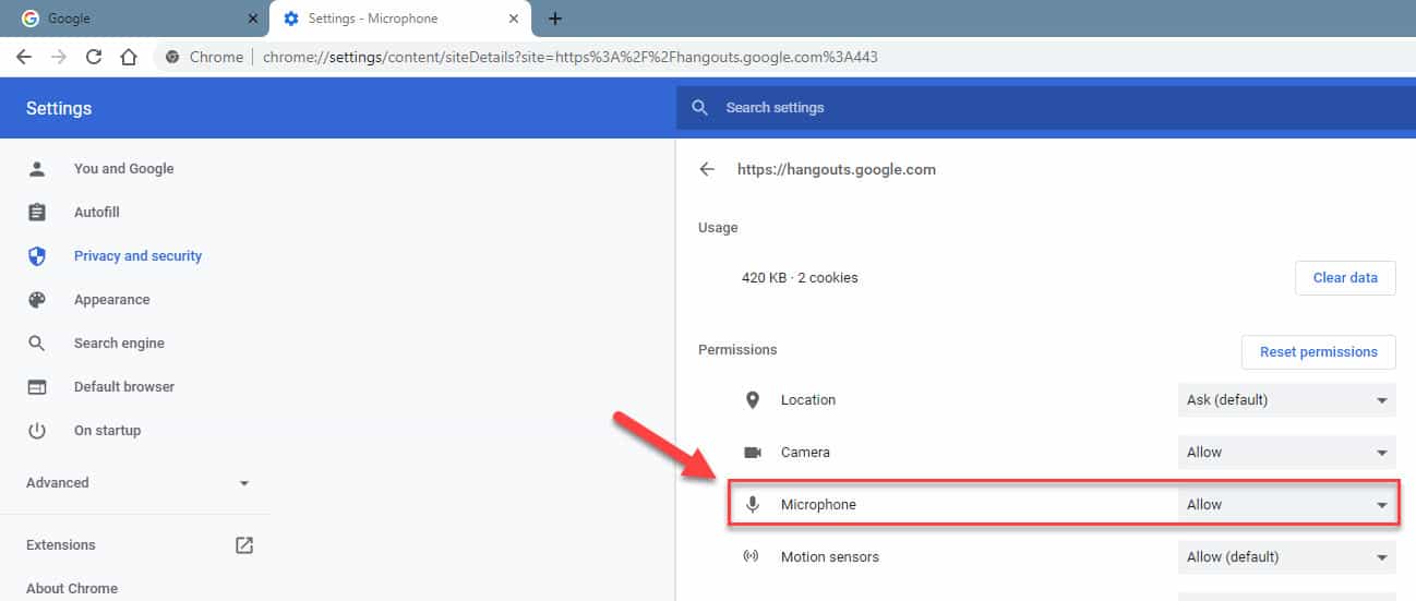 Google Chrome allow microphone