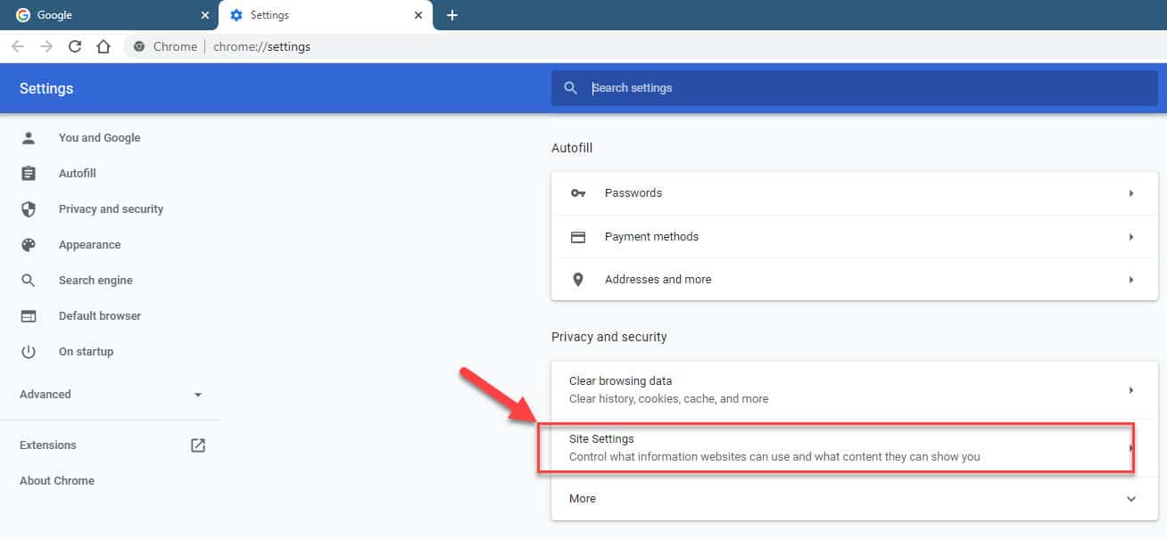 Google Chrome site settings