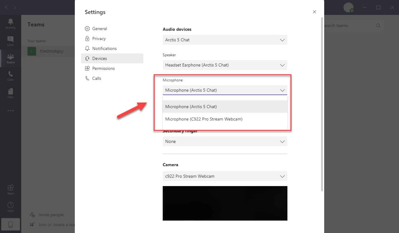 Teams microphone setting