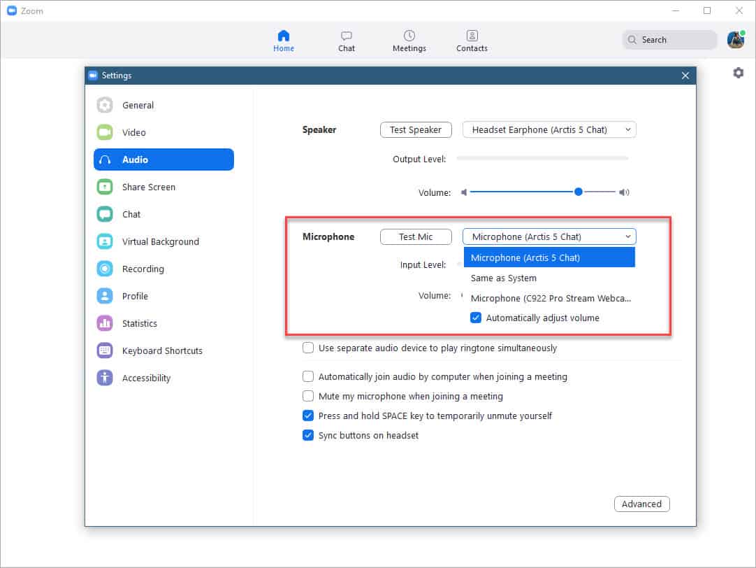 Zoom microphone setting