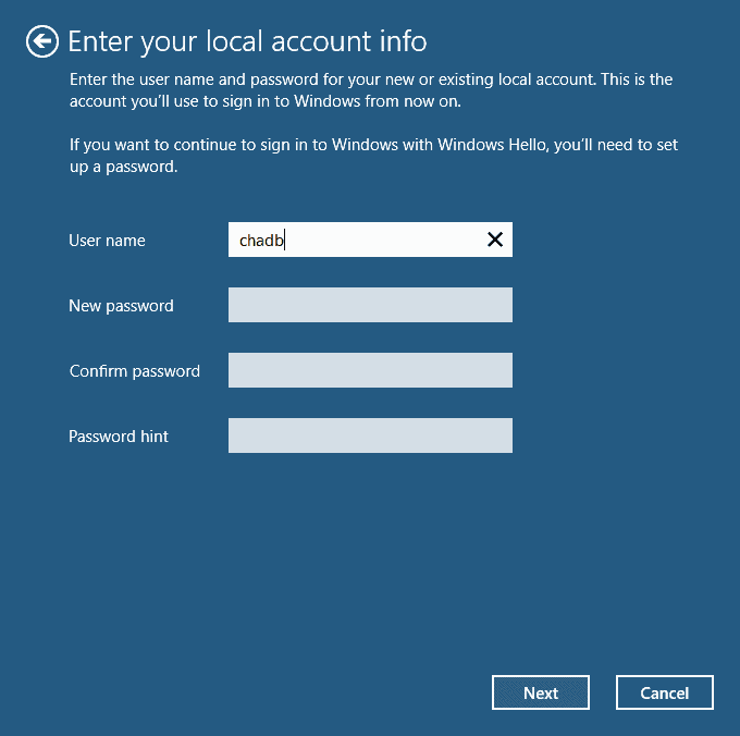 enter local account info