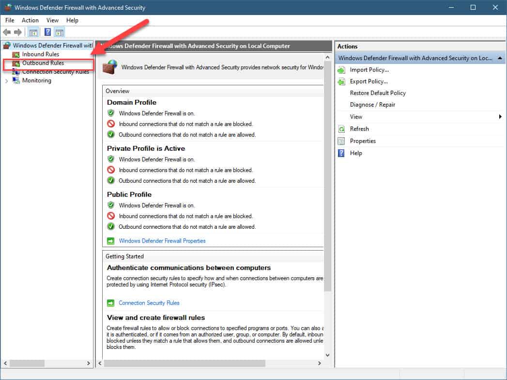 Blocking outbound traffic using Windows Firewall