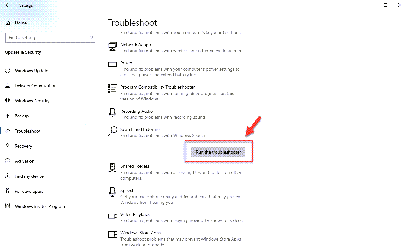 search and indexing run troubleshooter