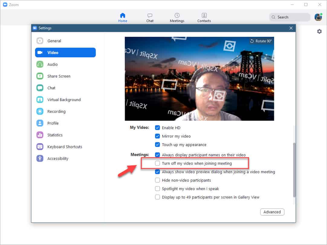 turn off my video when joining meeting