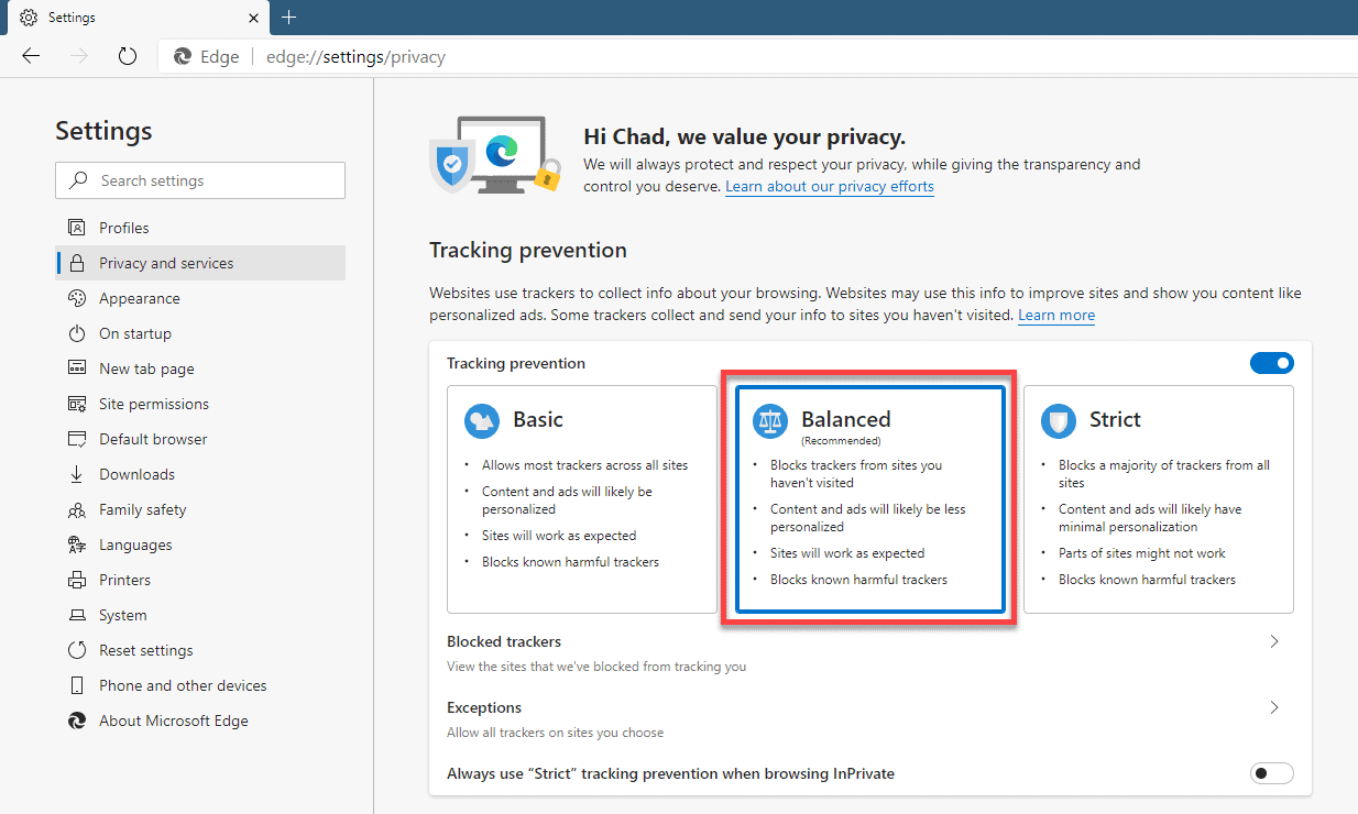 balanced tracking prevention