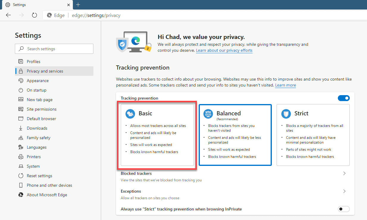 Using Microsoft Edge privacy settings