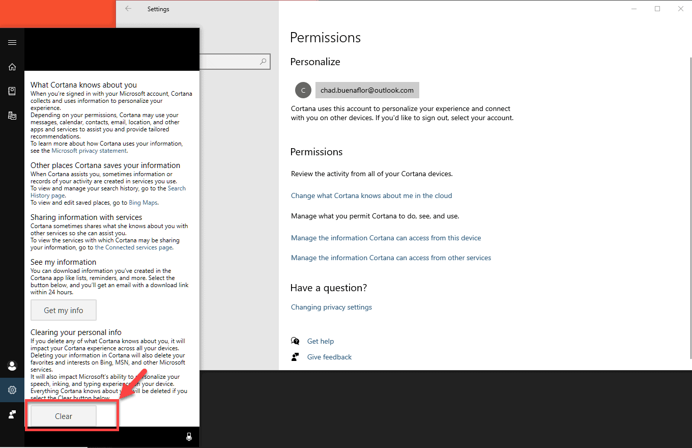 clear cortana info