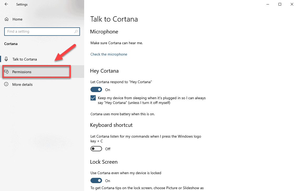 click Cortana permissions