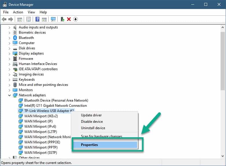 network adapter properties