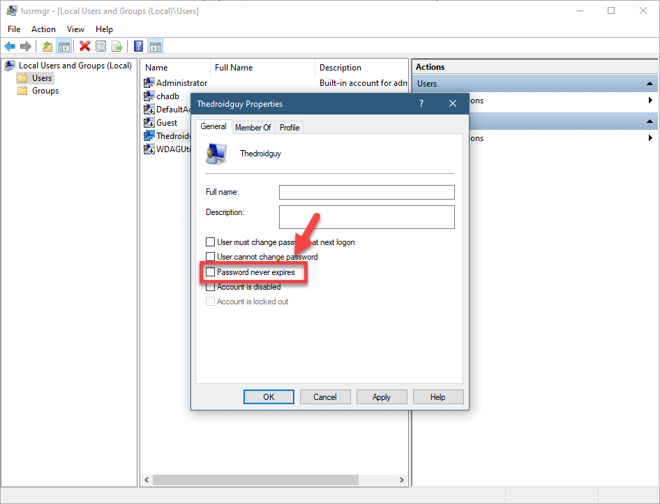 uncheck password never expires