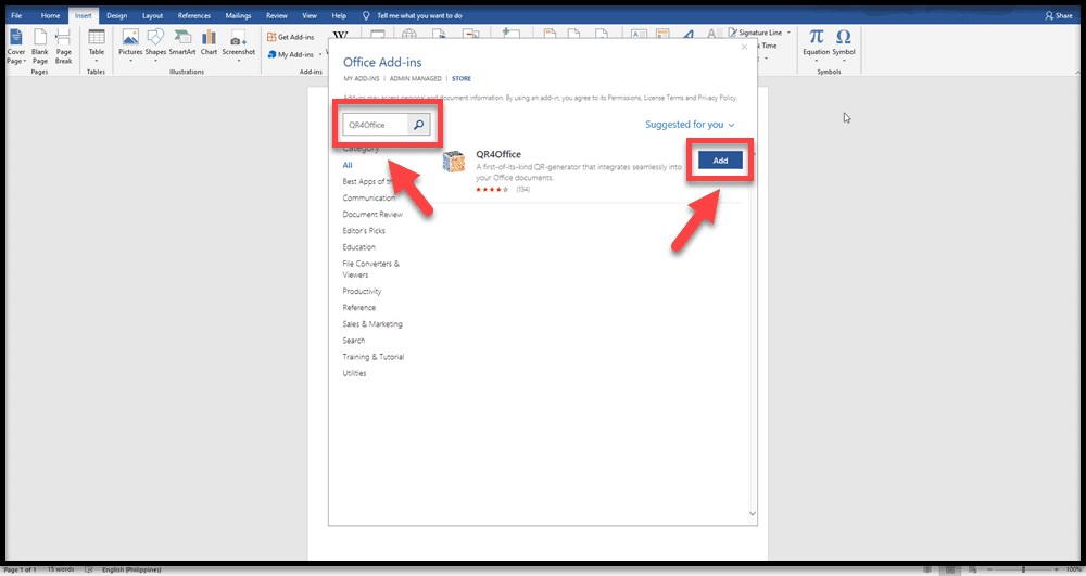 insert QR code in Microsoft Word