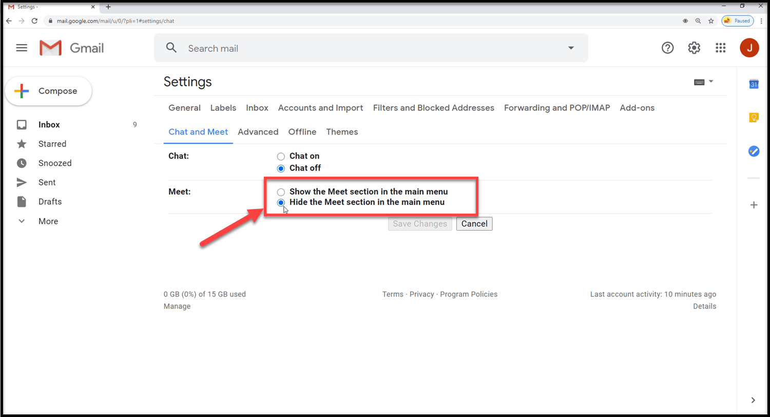 Hide Google Meet In Gmail
