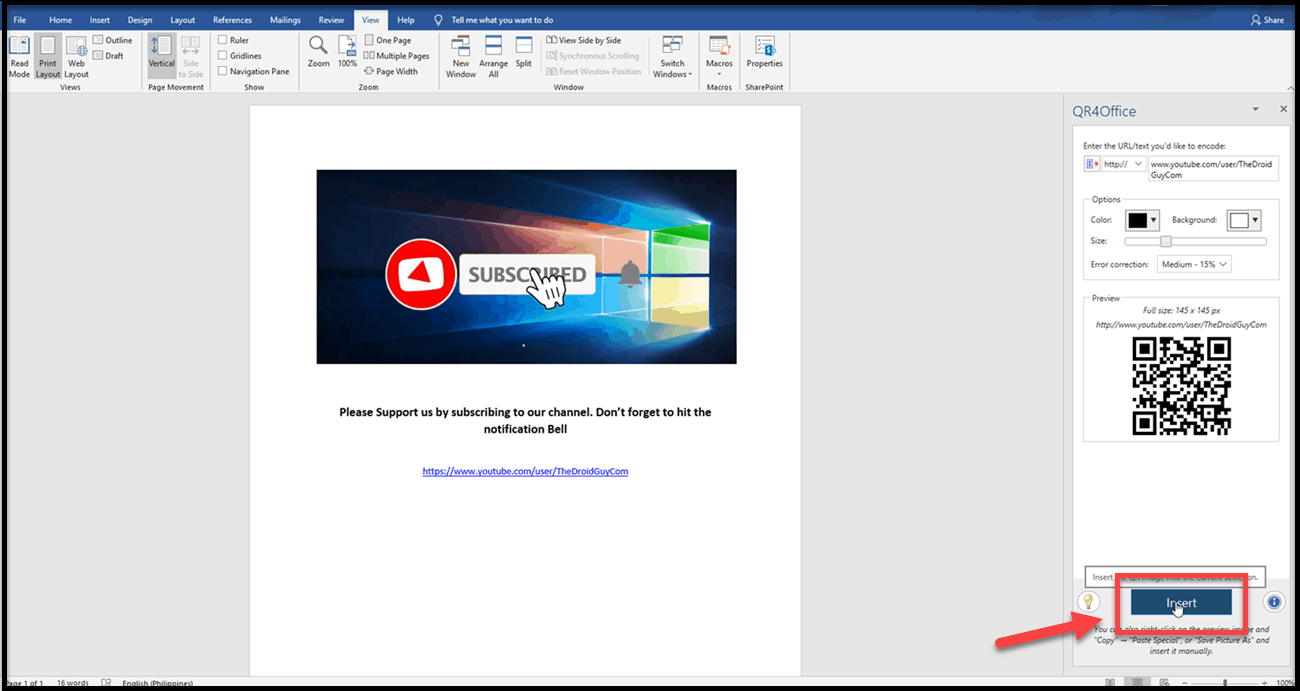 insert QR code in Microsoft Word