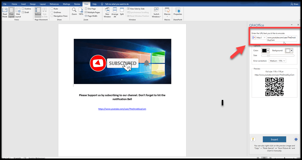 insert QR code in Microsoft Word
