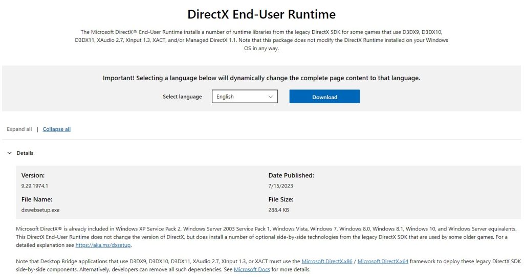 Download the DirectX web installer from Microsoft's website.