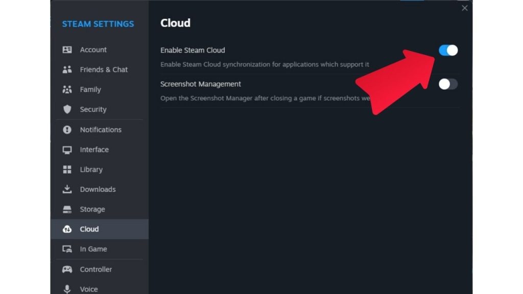 Turn off the Enable Steam Cloud synchronization switch.