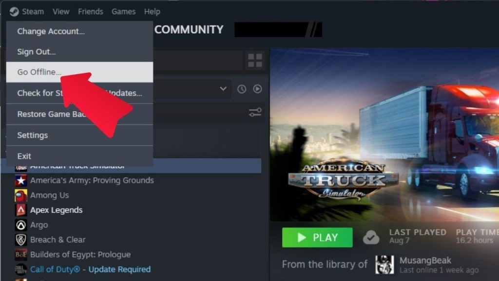 Relaunch Steam in offline mode and let it load