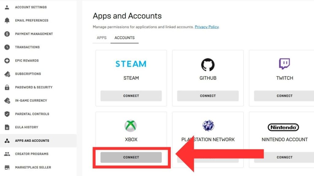 Under Apps and Accounts, you should see an option for Xbox Live. Select Connect next to it.